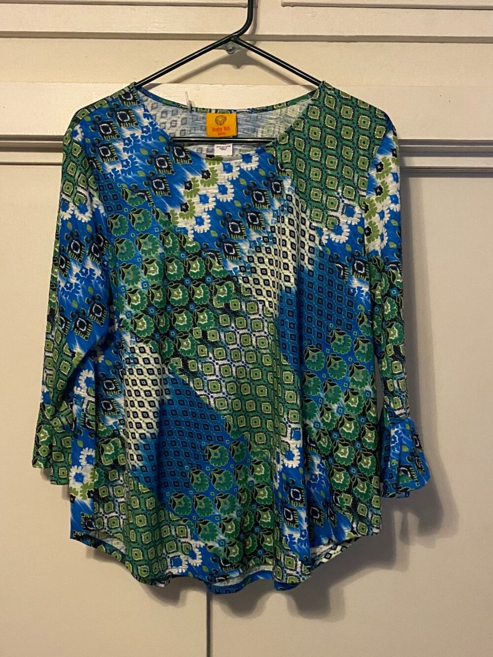 Ruby Rd., green, blue & white Boho blouse w/half bell sleeves, size PXL